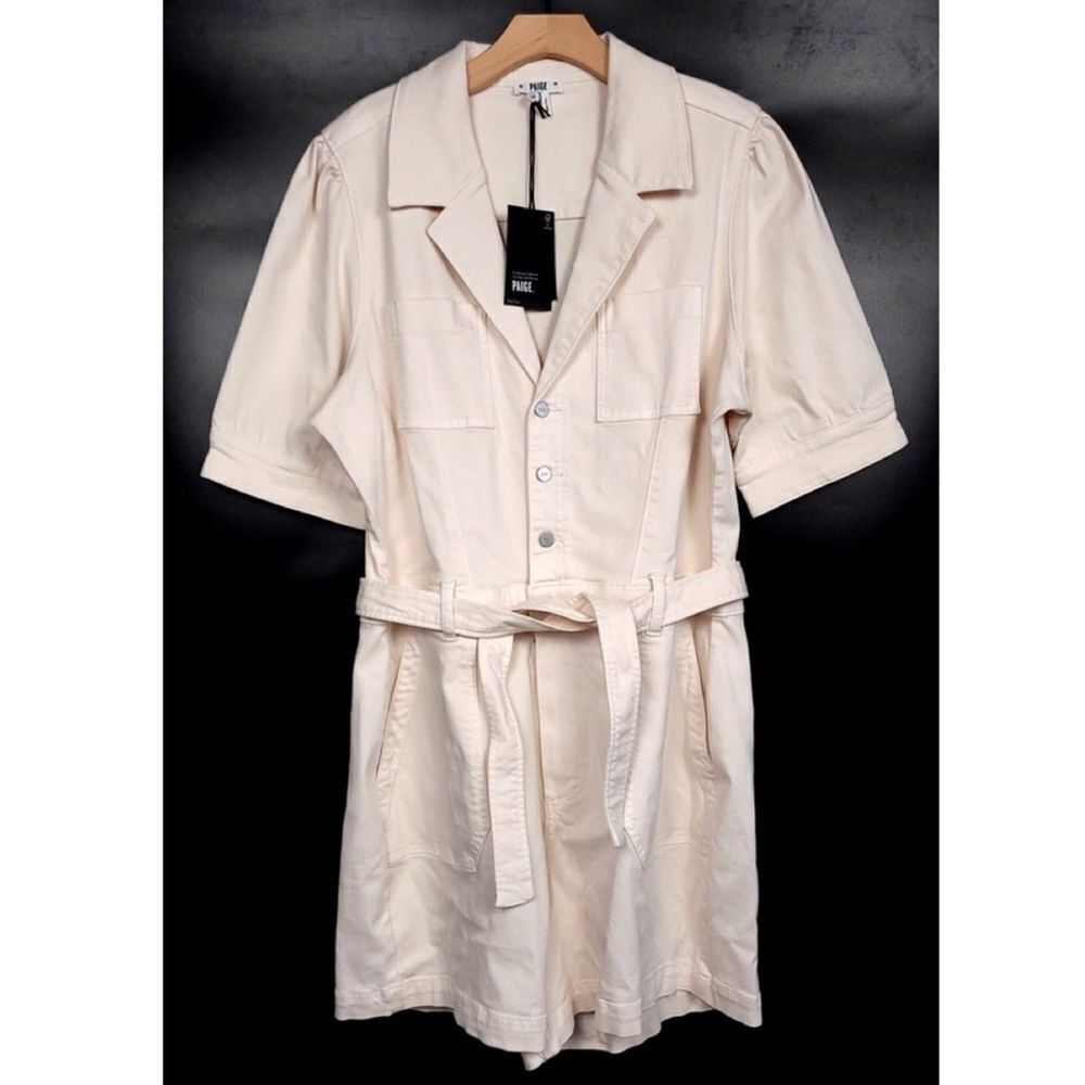 NWT Paige Mayslie Puff Sleeve Belted Workwear Romper Quartz Sand Safari Plus 14